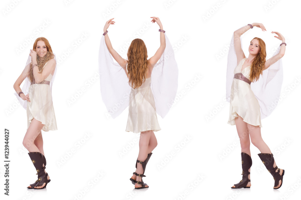 Pretty lady in light charming dress isolated on white Pretty lady in light charming dress isolated on white