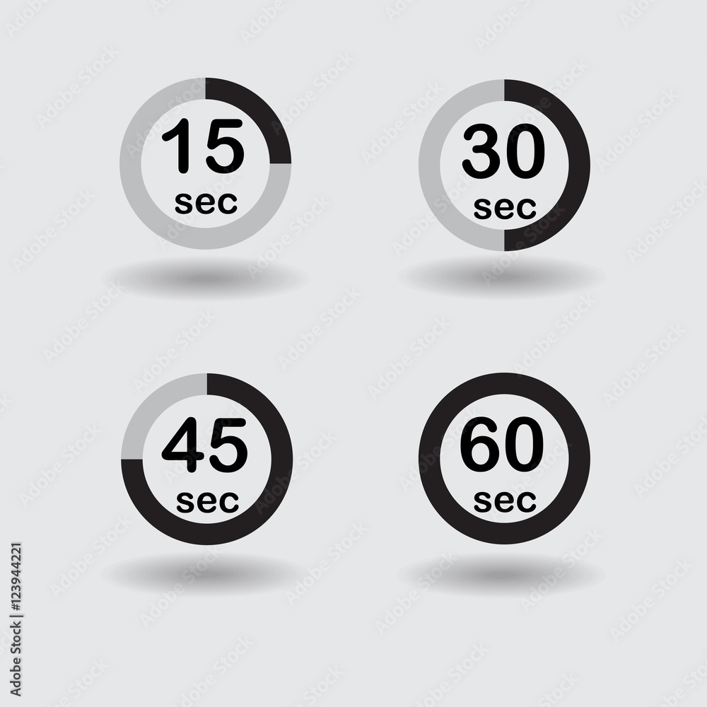 Time, clock, stopwatch, timer progress circles set 15 30 45 60 sec black vector illustration Time, clock, stopwatch, timer progress circles set 15 30 45 60 sec black vector illustration