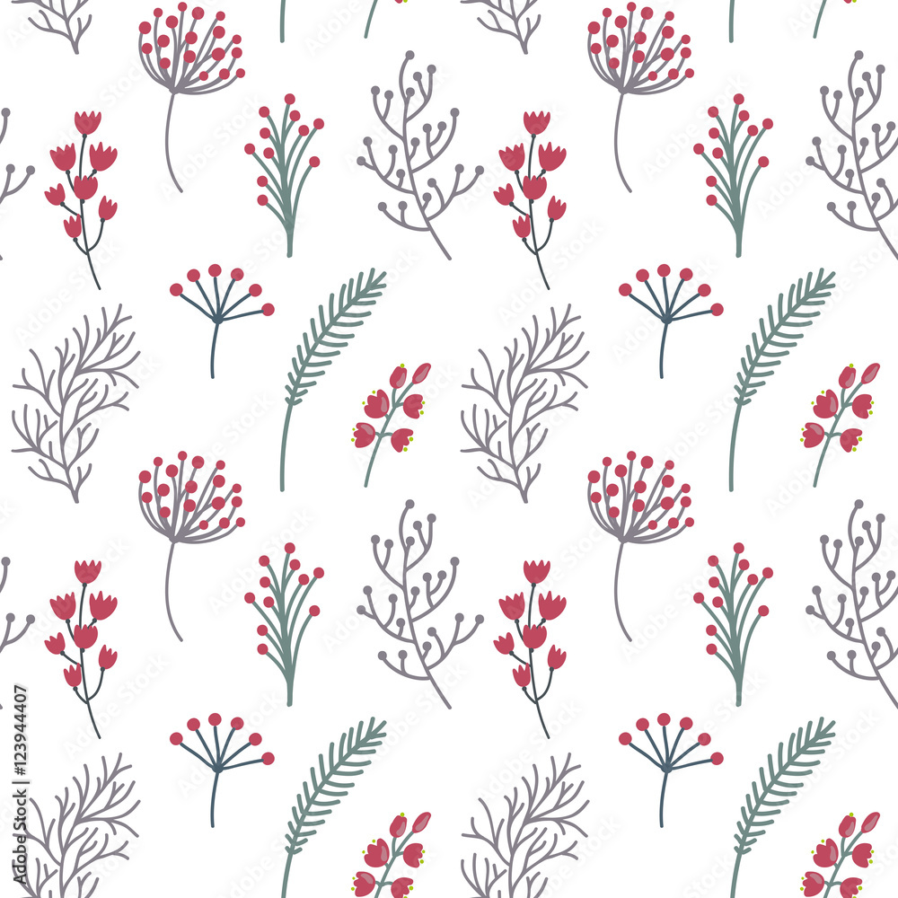 Fototapeta Seamless pattern with flowers, leaves, branches and berries