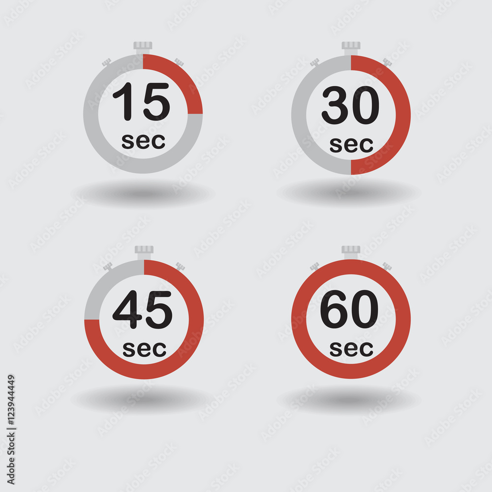 Time, clock, stopwatch, timer progress circles set 15 30 45 60 sec red vector illustration Time, clock, stopwatch, timer progress circles set 15 30 45 60 sec red vector illustration