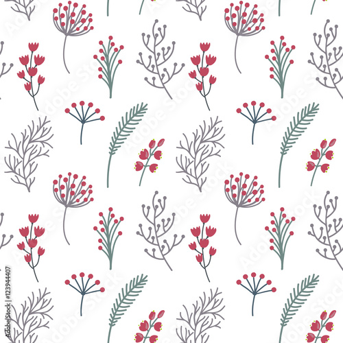 Seamless pattern with flowers, leaves, branches and berries