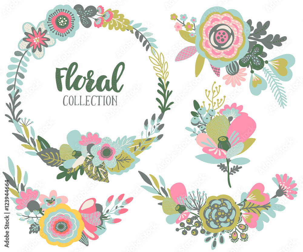 Vector graphic set with beautiful flowers, floral wreath, bouquets