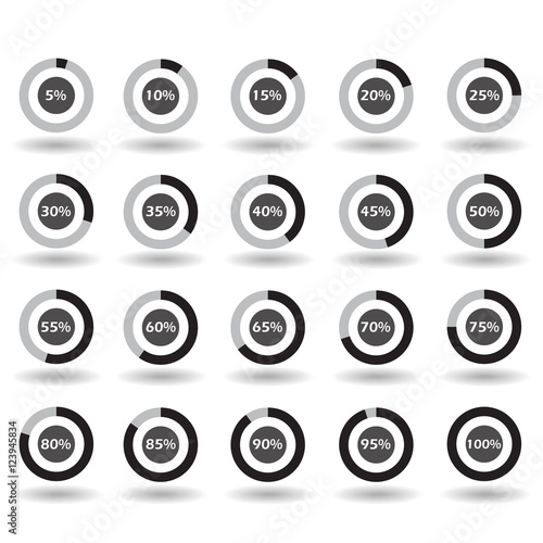 icons template pie graph circle percentage black chart 5 10 15 20 25 30 35 40 45 50 55 60 65 70 75 80 85 90 95 100 % set illustration round vector