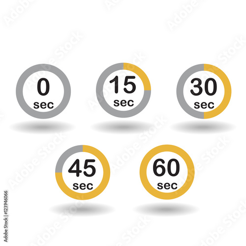 Time, clock, stopwatch, timer progress circles set 0 15 30 45 60 sec yellow sport rings vector illustration