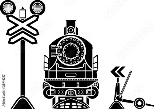 Railway stencils, semaphore, locomotive and railway switch