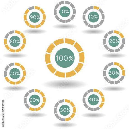 icons pie graph circle percentage yellow chart 0 10 20 30 40 50 60 70 80 90 100 % set illustration round vector