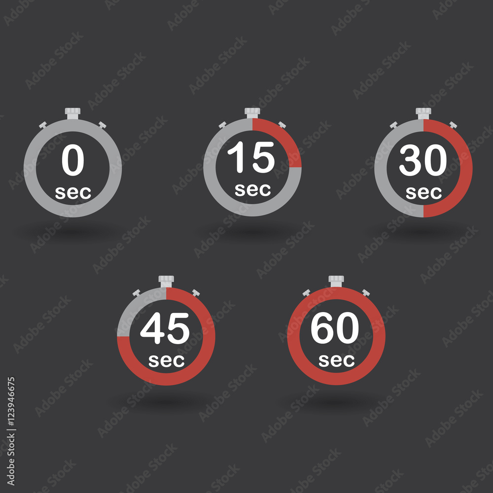Time, clock, stopwatch, timer progress circles set 0 15 30 45 60 sec red sport rings vector illustration Time, clock, stopwatch, timer progress circles set 0 15 30 45 60 sec red sport rings vector illustration