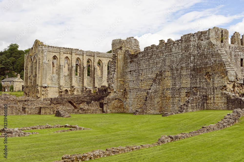 Ruins of the medieval Cistercian Rievaulx Abbey near the market town of Helmsley in North Yorkshire, England 