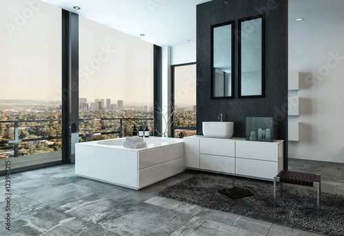 Upmarket stylish bathroom overlooking a city
