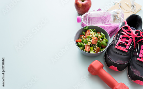 фотографія fitness theme, sport accessories on table