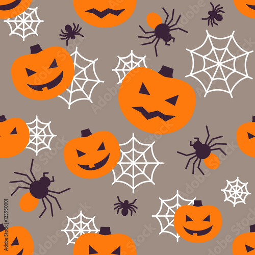 Halloween seamless pattern with flat icons. Vector Illustration. Colorful icons on gray Backdrop. Cute pampkins and spider web. Halloween Concept.