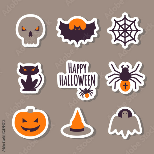 Set of cute Halloween stickers. Colorful flat icons. Vector Illustration. Halloween Concept.