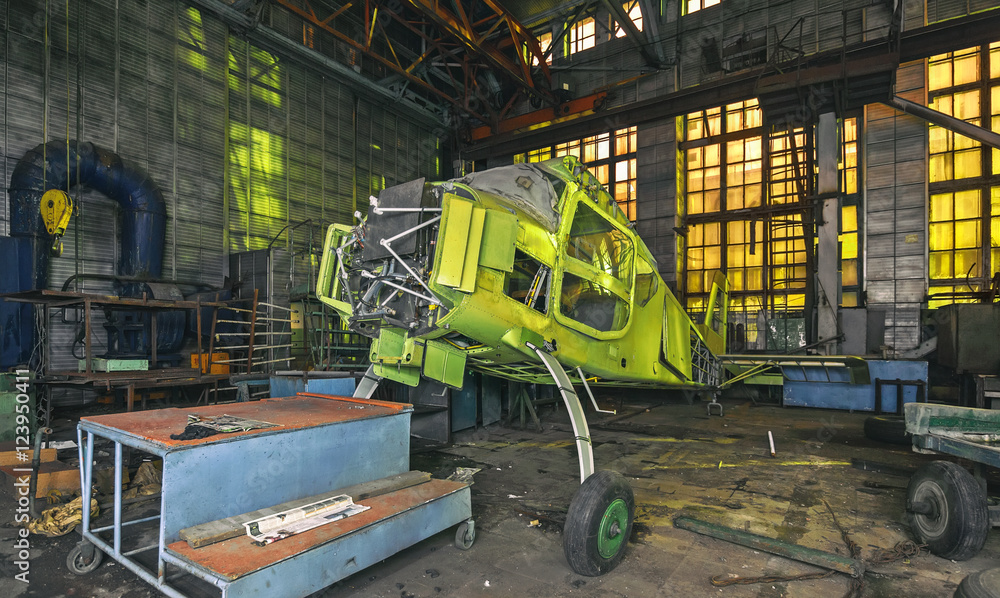 Abandoned aircraft in the Assembly shop of a closed aircraft plant