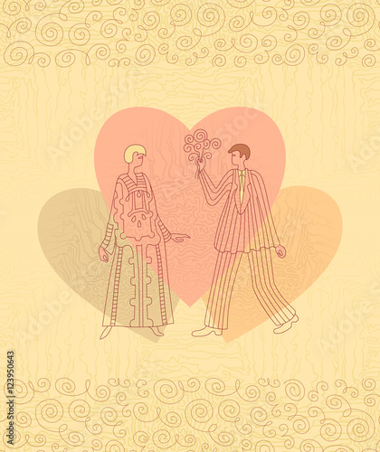 The meeting of lovers. A man gives flowers to a woman. Making cards with wood texture.
Burning wood, retro style.