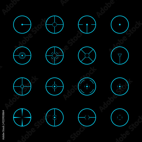 Crosshairs icons set. Isolated on black background. Vector illustration, eps 8.
