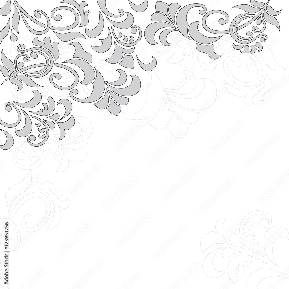 Background with swirls and leaves, black and gray colors. Page decoration. Invitation.