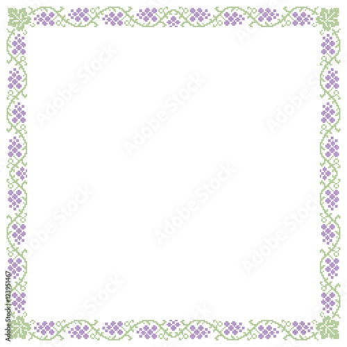 Decorative frame, grape pattern, cross-stitched embroidery imitation. 