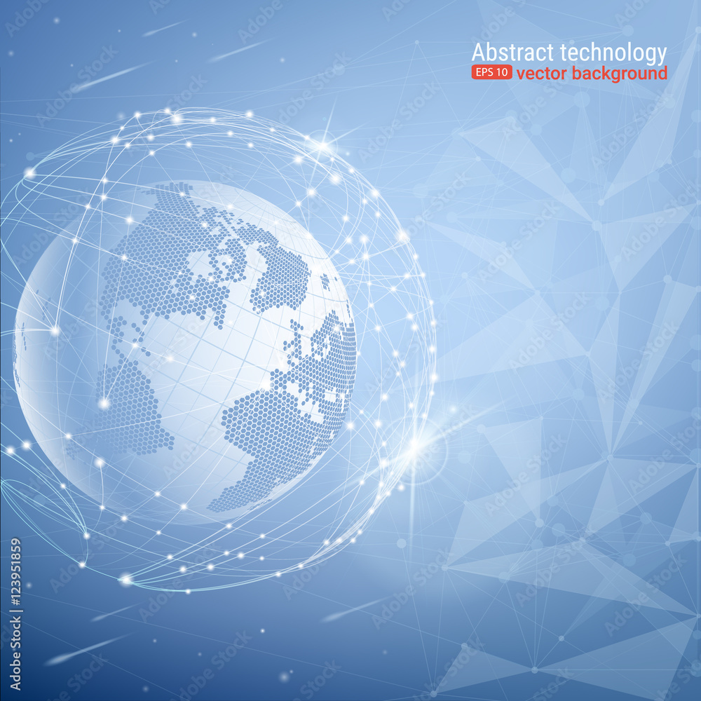 Technology planet. The symbolic image of a sphere dotted lines and dots. Chaotic glowing particles. Intersection curves. Abstract vector illustration. Technology planet. The symbolic image of a sphere dotted lines and dots. Chaotic glowing particles. Intersection curves. Abstract vector illustration.
