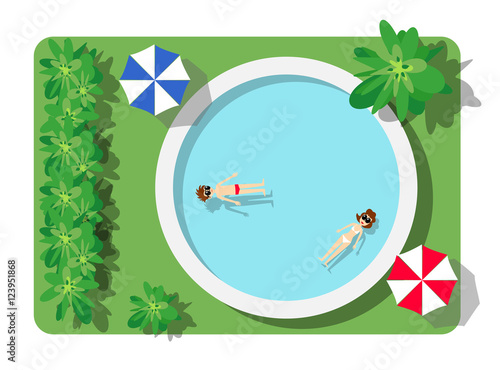 Top view of the swimming pool with beach umbrellas and vacationers people