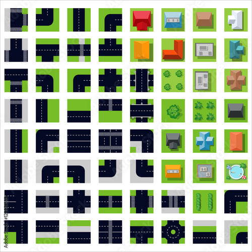 Flat top view Set icons road highway. Concept kit of design elements for modeling urban vector maps and plans