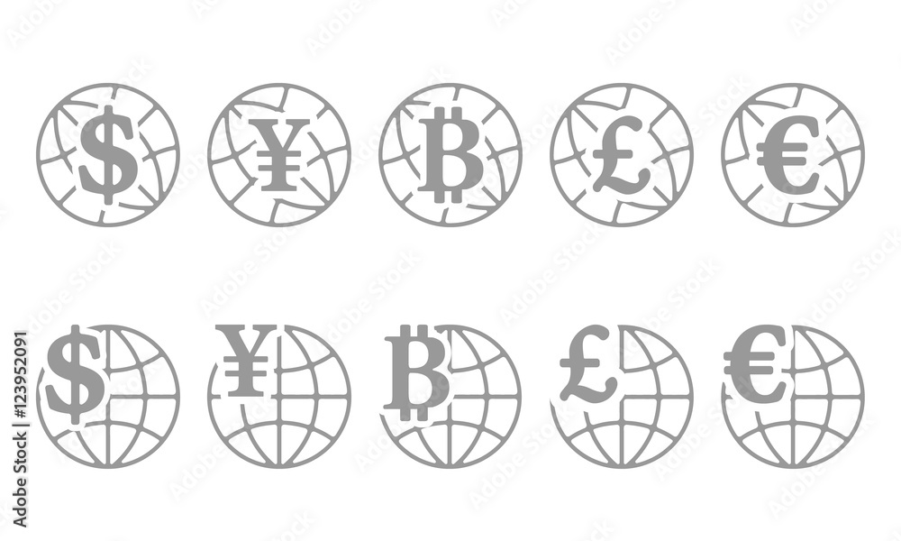 Set of icons globe with different currencies Set of icons globe with different currencies