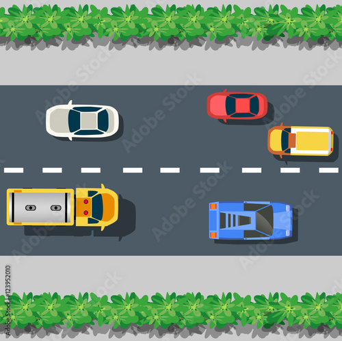 Top view from city street with asphalt and transport.   Urban landscape of the big place