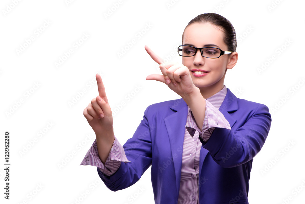 Businesswoman pressing virtual button isolated on white Businesswoman pressing virtual button isolated on white