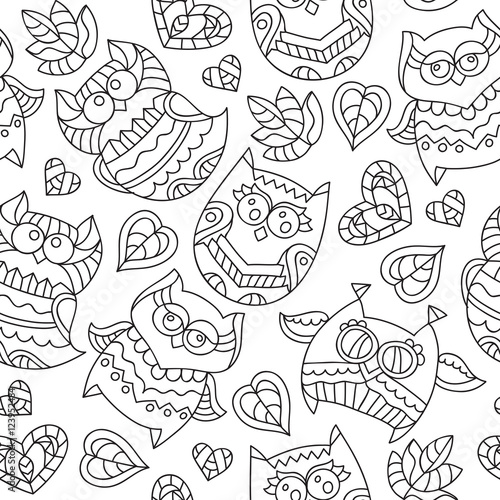 vector owls for coloring, seamless pattern of owls, leaves and hearts with ornaments