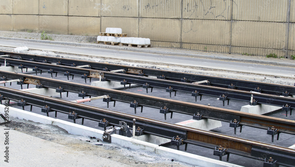 Installing metal rails tram line Installing metal rails tram line