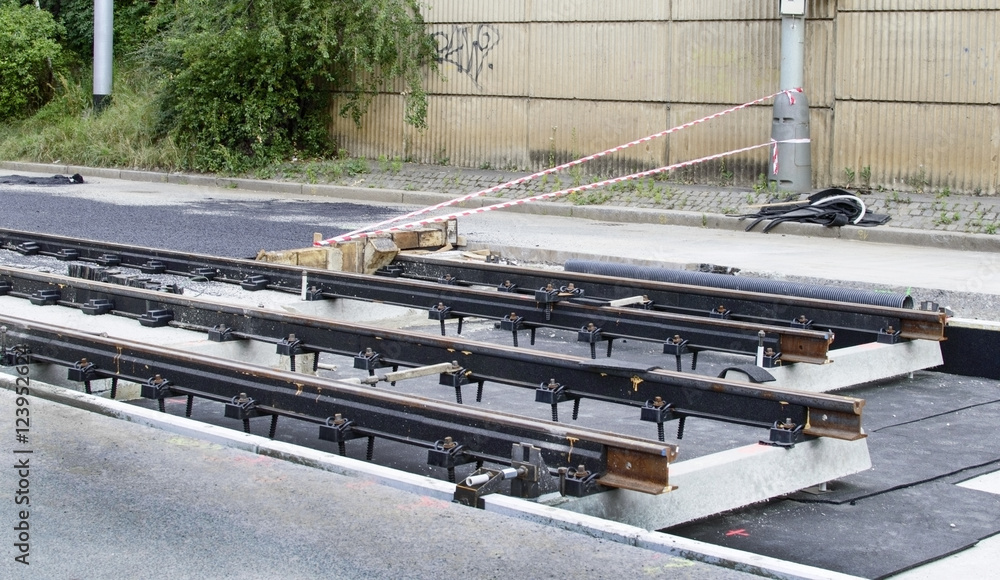 Installing metal rails tram line Installing metal rails tram line