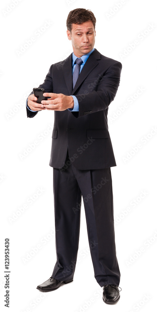 Full-length male man businessman taking selfie with mobile phone isolated on white background Full-length male man businessman taking selfie with mobile phone isolated on white background