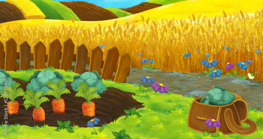 Cartoon nature scene - farm fields - empty stage for different usage -  illustration for children Stock Illustration | Adobe Stock