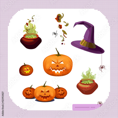 Set of isolated objects on a theme Halloween. Pumpkins, pots of potions, witch hat
and a festive mask. Mushrooms and spider as an ingredient for soup.