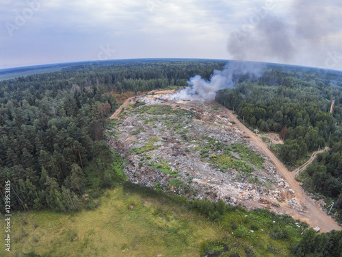 The view from the height of smoke fire on garbage dump
