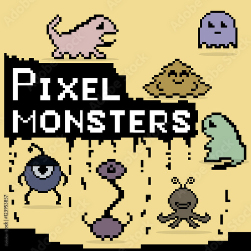 Set of colorful pixel monsters with tetris shapes. Vector of fun