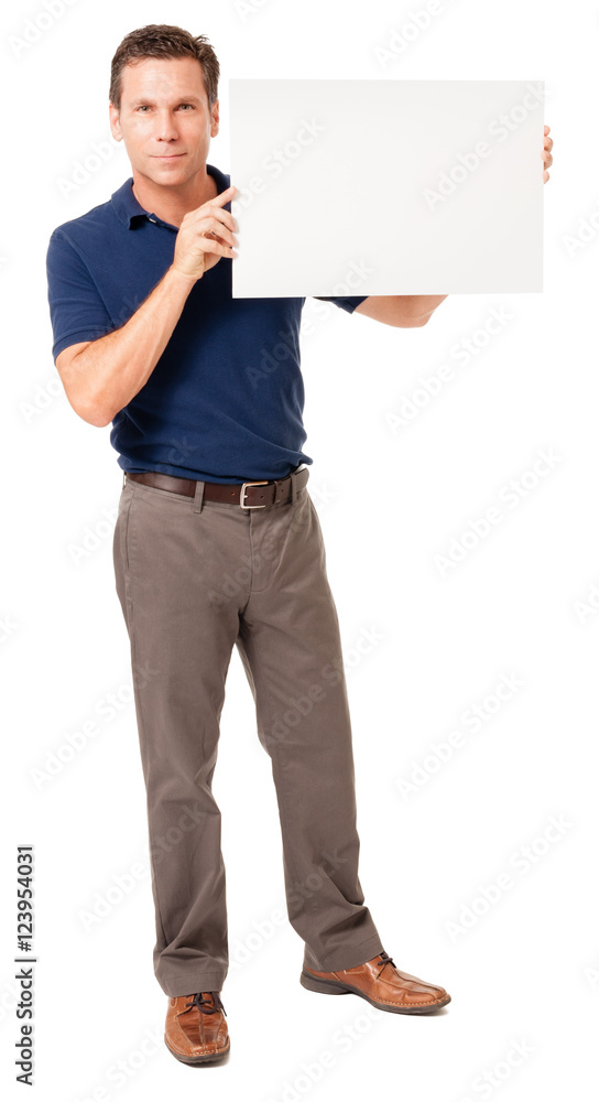Full-length male man causal businessman with blank sign isolated on white background Full-length male man causal businessman with blank sign isolated on white background