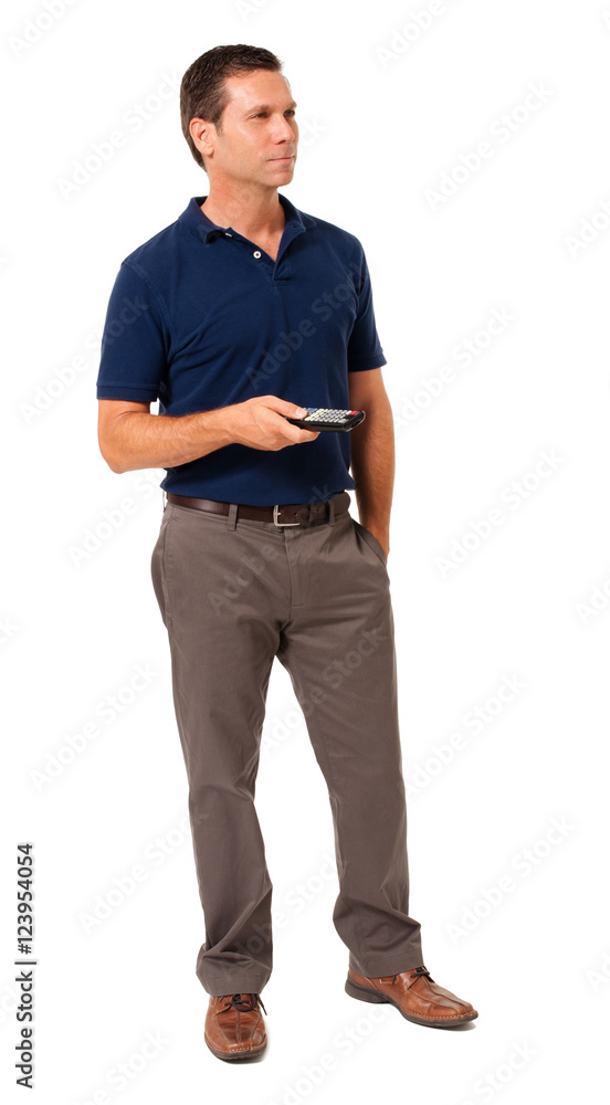 Fototapeta premium Full-length male man causal businessman with TV remote control isolated on white background