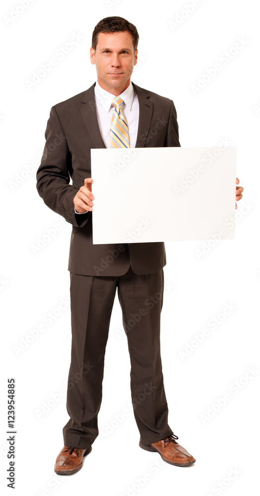Full-length male man businessman with blank sign isolated on white background Full-length male man businessman with blank sign isolated on white background
