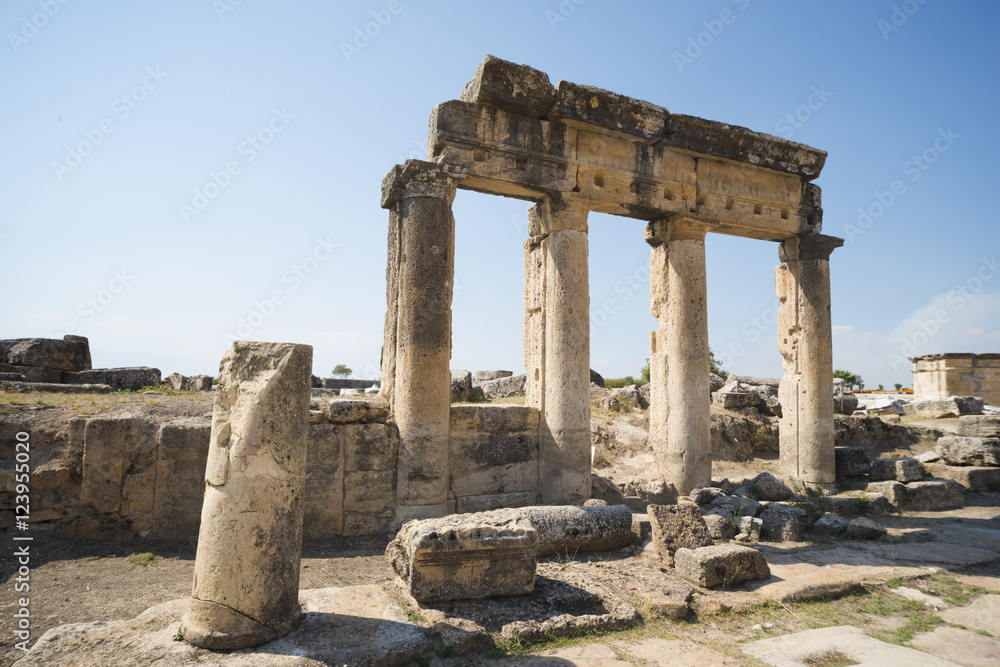 Hierapolis City Ruins. The ruins of the ancient city of Hierapolis is located adjacent to the hot springs of Pamukkale in Turkey. The site is a UNESCO world heritage site.