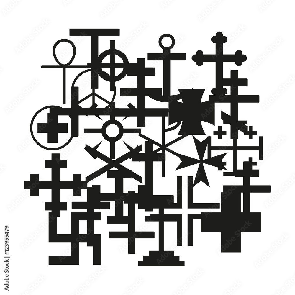 Cross Icon black silhouette set. Ancient cross signs. Chaos. Raster illustration.
