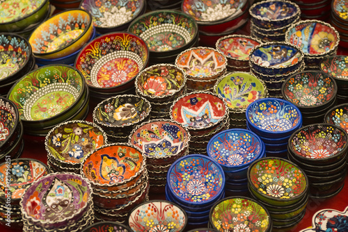 Close-up view of handmade colorful traditional Turkish ceramic plates