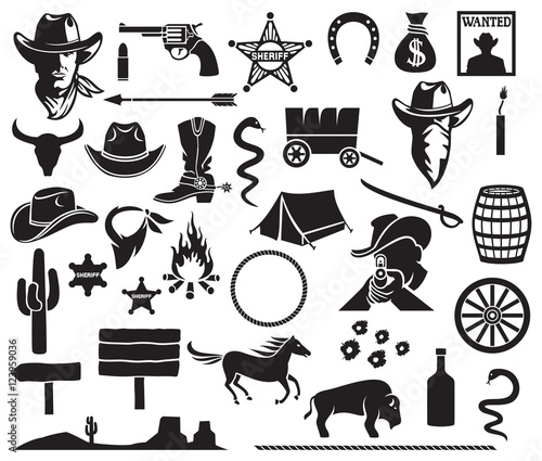 wild west icons set (cowboy head, horse, gun, arrow, cactus, sheriff star, hat, boot, horseshoe, bison, dynamite, bull skull, tent, wanted poster, money bag, barrel, campfire)