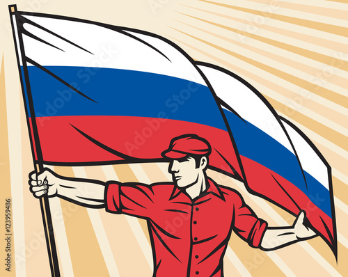 Worker holding Russian flag flag - industry poster