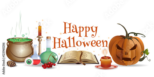 Halloween design with jack-o'-lantern, open book, magic wand, wizard laboratory, candle, eye and lettering - Happy Halloween. Halloween banner, poster, card. Vector illustration