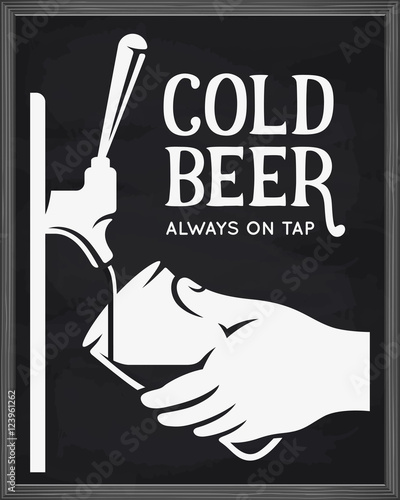 Beer tap and hand with glass advertising. Vector vintage illustration.