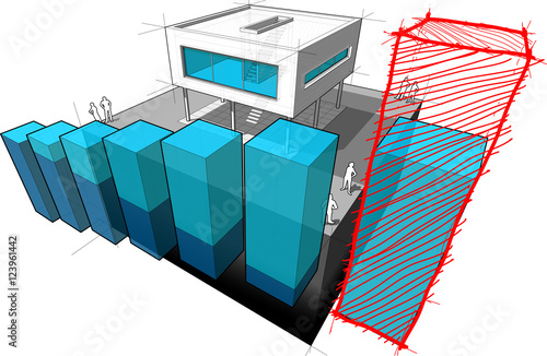 diagram of a modern house with rising abstract business diagram and hand drawn sketch over last diagram bar