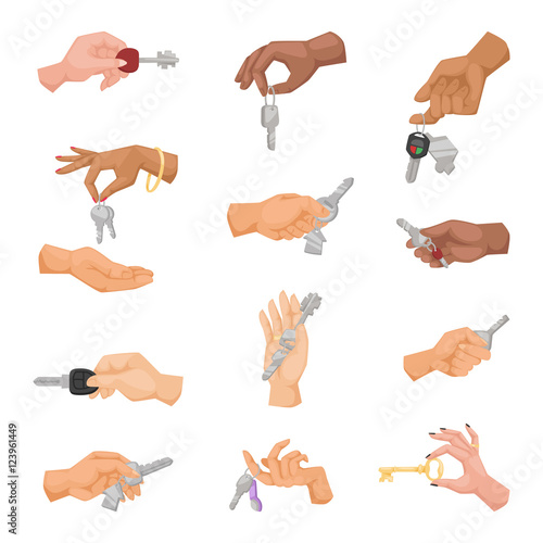 Hands holding keys vector set.