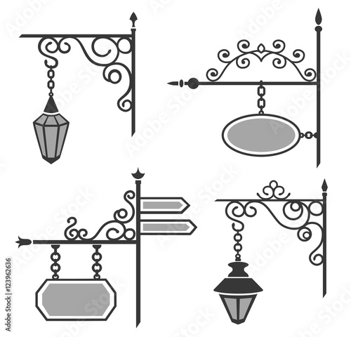 Set of wedding theme decorative street forged lanterns and signs.