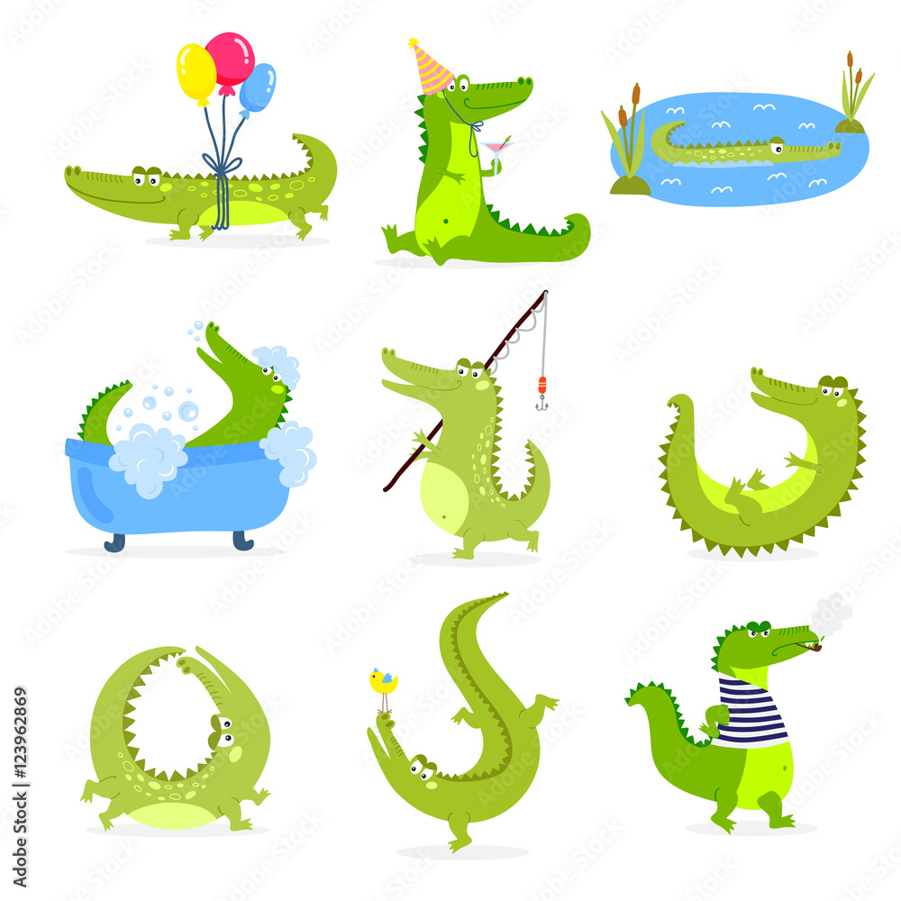 Naklejka premium Vector set with cute cartoon crocodiles.
