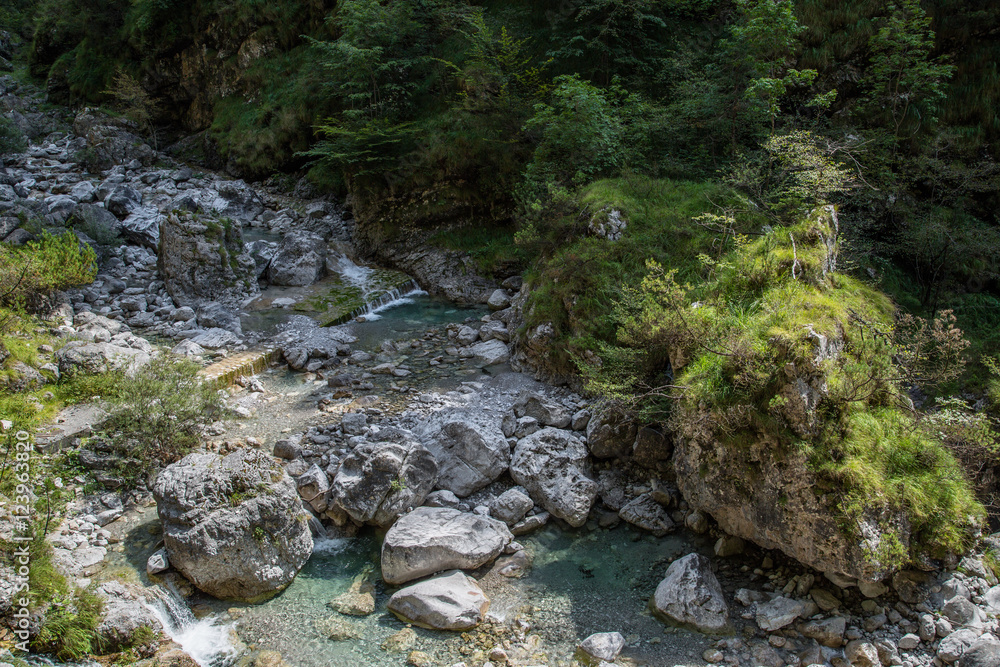 Gebirgsbach, Wildnis im Tal Valle di Piero; Nationalpark Bellunesische Dolomiten Gebirgsbach, Wildnis im Tal Valle di Piero; Nationalpark Bellunesische Dolomiten